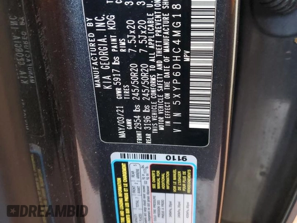2021 Kia Telluride S with VIN 5XYP6DHC4MG186371, listed as a Copart auction lot 62132095 with 56,513 mi miles and Salvage title. Bid and sale history available at DreamBid. Image 13.