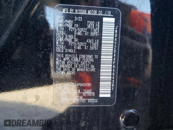 2023 Nissan Armada Platinum with VIN JN8AY2DA4P9404361, listed as a Copart auction lot 80467804 with 8,026 mi miles and Salvage Title. Bid and sale history available at carsss.com. Image 12.