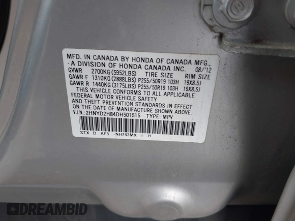 2013 Acura MDX Advance with VIN 2HNYD2H84DH501515, listed as a IAAI auction lot 41535513 with Not Provided miles and . Bid and sale history available at DreamBid. Image 9.