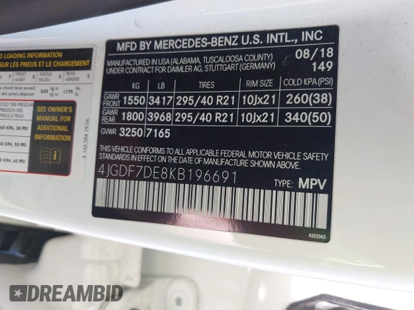 2019 Mercedes-Benz GLS 550 with VIN 4JGDF7DE8KB196691, listed as a IAAI auction lot 42301592 with 57,466 mi miles and . Bid and sale history available at DreamBid. Image 9.