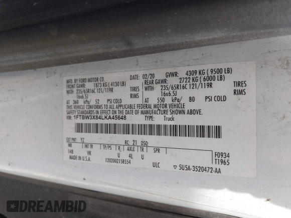 2020 Ford Transit Cargo with VIN 1FTBW3X84LKA45648, listed as a IAAI auction lot 41775099 with Not Provided miles and . Bid and sale history available at DreamBid. Image 9.