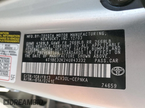 2004 Toyota Camry LE with VIN 4T1BE32K24U843332, listed as a Copart auction lot 55627485 with Not Provided miles and Clean Title. Bid and sale history available at carsss.com. Image 12.