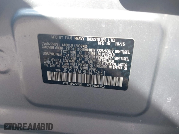 2016 Subaru Forester 2.5i with VIN JF2SJAAC8GH475641, listed as a IAAI auction lot 41894563 with 91,172 mi miles and . Bid and sale history available at DreamBid. Image 9.