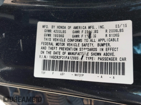 2015 Honda Accord LX with VIN 1HGCR2F31FA129952, listed as a IAAI auction lot 42123346 with 104,986 mi miles and . Bid and sale history available at DreamBid. Image 9.