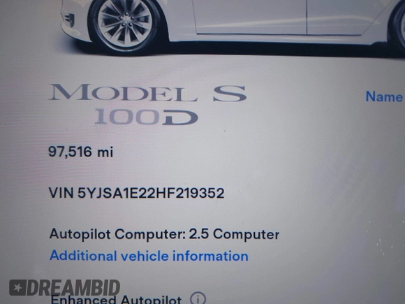 2017 Tesla Model S 100D with VIN 5YJSA1E22HF219352, listed as a IAAI auction lot 41831322 with 97,516 mi miles and . Bid and sale history available at DreamBid. Image 7.