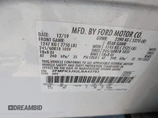 2020 Ford Edge SEL with VIN 2FMPK3J92LBA43793, listed as a IAAI auction lot 42283823 with 85,559 mi miles and . Bid and sale history available at DreamBid. Image 9.