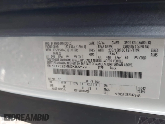 2016 Ford Transit Cargo with VIN 1FTYE9ZM8GKB22179, listed as a IAAI auction lot 41293587 with 105,232 mi miles and . Bid and sale history available at carsss.com. Image 9.