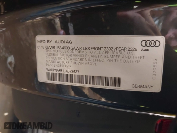 2018 Audi A5 Premium Plus with VIN WAUPNAF51JA073637, listed as a IAAI auction lot 41289291 with Not Provided miles and . Bid and sale history available at DreamBid. Image 9.