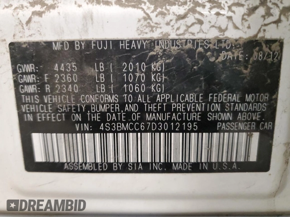 2013 Subaru Legacy Premium z VIN 4S3BMCC67D3012195, wystawiony jako Copart lot #57287095 z przebiegiem 190 291 mil mil oraz Czysty tytuł • Clean title. Historia ofert i sprzedaży dostępna na DreamBid. Obrazek 12.