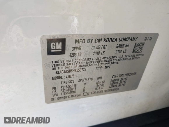 2017 Buick Encore Preferred with VIN KL4CJASB6HB050779, listed as a IAAI auction lot 42226418 with 58,315 mi miles and . Bid and sale history available at DreamBid. Image 9.