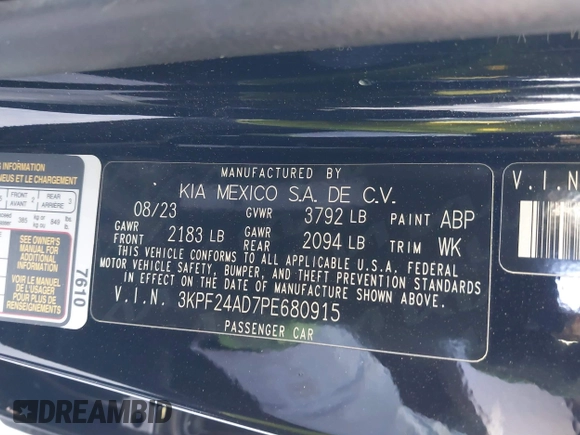 2023 Kia Forte LXS with VIN 3KPF24AD7PE680915, listed as a IAAI auction lot 40741003 with 16,770 mi miles and . Bid and sale history available at DreamBid. Image 9.