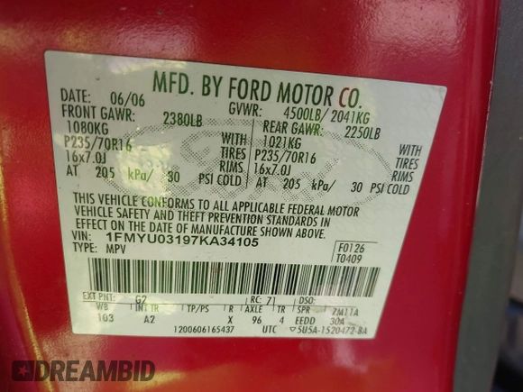 2007 Ford Escape XLT with VIN 1FMYU03197KA34105, listed as a IAAI auction lot 41888661 with 174,717 mi miles and . Bid and sale history available at DreamBid. Image 9.
