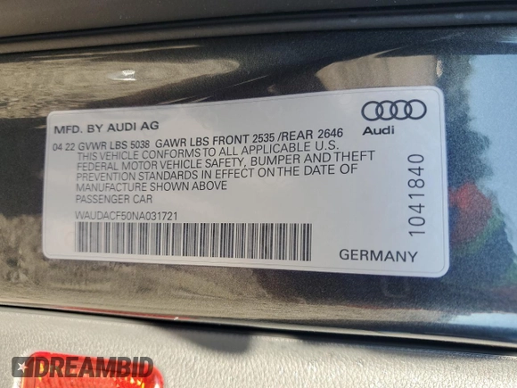 2022 Audi A5 Sportback S line Premium with VIN WAUDACF50NA031721, listed as a Copart auction lot 82432583 with 20,921 mi miles. Bid and sale history available at carsss.com. Image 12.
