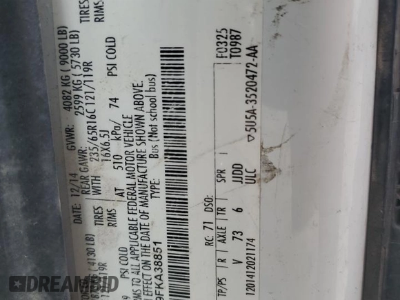 2015 Ford Transit XL z VIN 1FBZX2ZM9FKA38851, wystawiony jako Copart lot #60338245 z przebiegiem 197 409 mil mil oraz Szkoda całkowita • Salvage title. Historia ofert i sprzedaży dostępna na DreamBid. Obrazek 13.