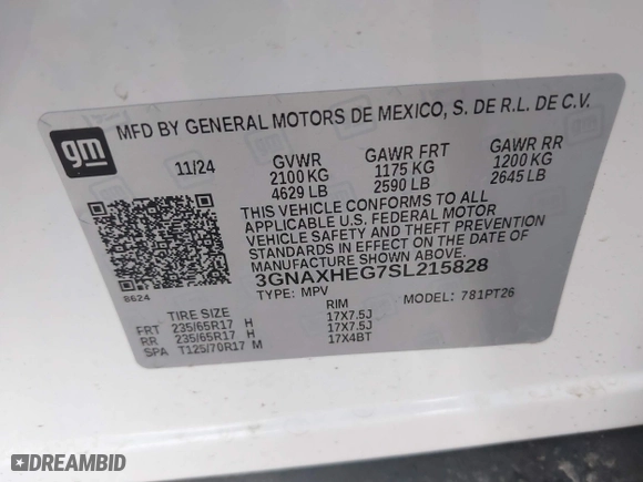 2025 Chevrolet Equinox FWD LT with VIN 3GNAXHEG7SL215828, listed as a IAAI auction lot 41877169 with 4,928 mi miles. Bid and sale history available at carsss.com. Image 9.