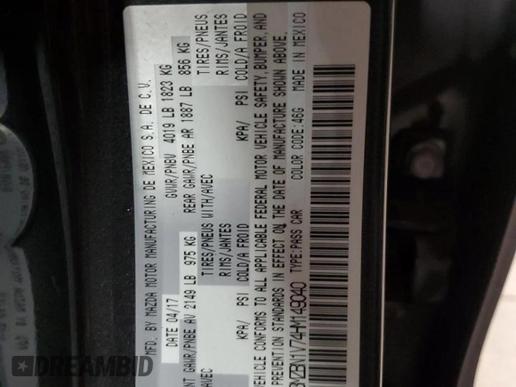 2017 Mazda 3 Touring with VIN 3MZBN1V74HM149040, listed as a Copart auction lot 59917855 with 204,440 mi miles and Salvage title. Bid and sale history available at DreamBid. Image 12.
