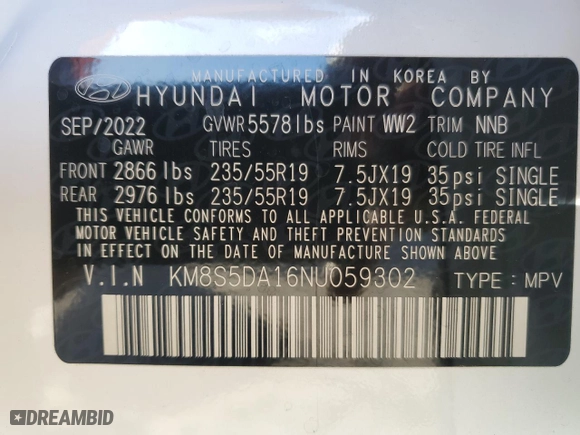 2022 Hyundai Santa Fe Hybrid Limited with VIN KM8S5DA16NU059302, listed as a Copart auction lot 85314554 with 18,405 mi miles and Salvage Title. Bid and sale history available at carsss.com. Image 15.