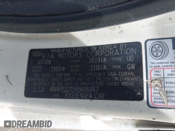 2009 Kia Spectra EX with VIN KNAFE221595606467, listed as a IAAI auction lot 42484042 with 217,439 mi miles and . Bid and sale history available at DreamBid. Image 9.