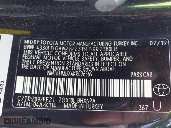 2019 Toyota C-HR XLE with VIN NMTKHMBX4KR096569, listed as a IAAI auction lot 42147017 with 111,569 mi miles and . Bid and sale history available at DreamBid. Image 9.