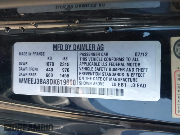 2013 Smart fortwo Pure with VIN WMEEJ3BA8DK619600, listed as a IAAI auction lot 42660006 with Not provided miles and . Bid and sale history available at DreamBid. Image 9.