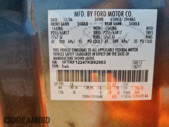 2007 Ford F-150 XL with VIN 1FTRF12247KB92953, listed as a Copart auction lot 61055325 with 79,947 mi miles and Salvage title. Bid and sale history available at DreamBid. Image 12.