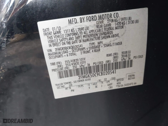 2012 Ford Flex Limited with VIN 2FMGK5DC9CBD20541, listed as a IAAI auction lot 41491141 with 222,646 mi miles. Bid and sale history available at carsss.com. Image 9.