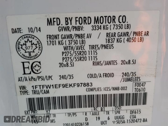 2014 Ford F-150 XL with VIN 1FTFW1EF9EKF97883, listed as a Copart auction lot 46452045 with 127,277 mi miles and Salvage title. Bid and sale history available at DreamBid. Image 14.