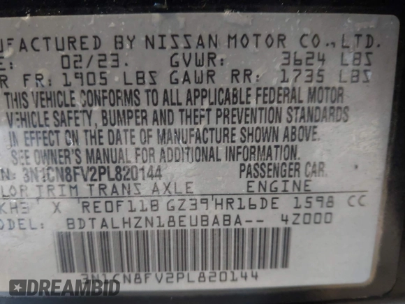 2023 Nissan Versa SR with VIN 3N1CN8FV2PL820144, listed as a IAAI auction lot 41515573 with 55,792 mi miles. Bid and sale history available at carsss.com. Image 9.
