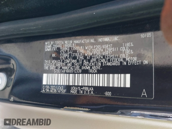 2006 Toyota Tundra Limited with VIN 5TBDT48166S512339, listed as a IAAI auction lot 41843581 with 201,714 mi miles and . Bid and sale history available at DreamBid. Image 9.