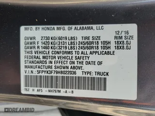 2017 Honda Ridgeline RTL-E with VIN 5FPYK3F79HB022036, listed as a Copart auction lot 88839325 with 57,851 mi miles and Salvage Title. Bid and sale history available at carsss.com. Image 12.