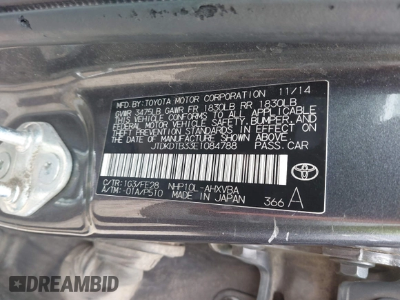 2014 Toyota Prius One z VIN JTDKDTB33E1084788, wystawiony jako IAAI lot #42440966 z przebiegiem 304 181 mil mil oraz . Historia ofert i sprzedaży dostępna na DreamBid. Obrazek 9.
