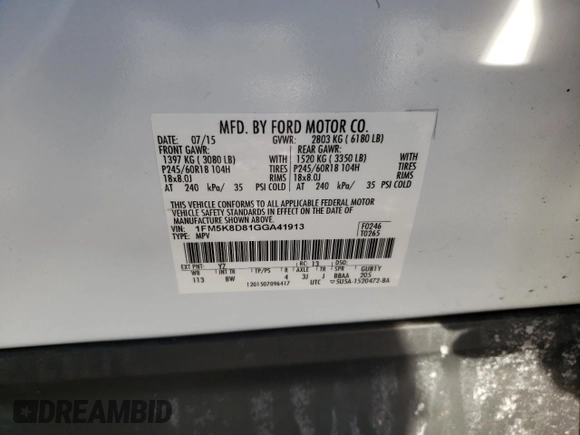 2016 Ford Explorer XLT with VIN 1FM5K8D81GGA41913, listed as a Copart auction lot 46313125 with 156,600 mi miles and Salvage Title. Bid and sale history available at carsss.com. Image 13.