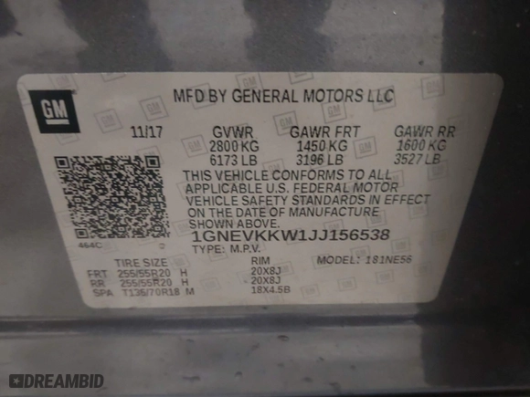 2018 Chevrolet Traverse High Country with VIN 1GNEVKKW1JJ156538, listed as a IAAI auction lot 41670997 with 99,345 mi miles. Bid and sale history available at carsss.com. Image 9.