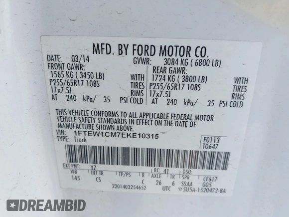 2014 Ford F-150 XL with VIN 1FTEW1CM7EKE10315, listed as a IAAI auction lot 41834859 with 238,500 mi miles and . Bid and sale history available at DreamBid. Image 9.