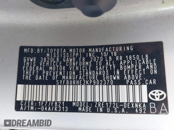 2019 Toyota Corolla L with VIN 5YFBURHE2KP902370, listed as a IAAI auction lot 41858056 with 92,092 mi miles. Bid and sale history available at carsss.com. Image 9.