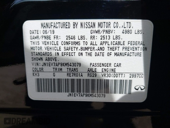 2019 Infiniti Q50 Luxe with VIN JN1EV7AP9KM543079, listed as a IAAI auction lot 42244113 with 36,291 mi miles and . Bid and sale history available at DreamBid. Image 9.