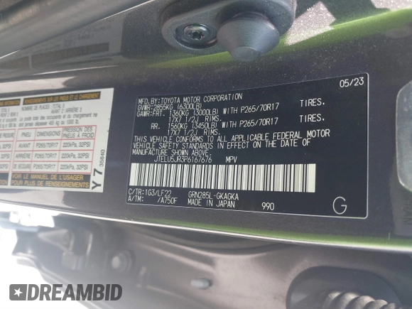 2023 Toyota 4Runner TRD Pro z VIN JTELU5JR3P6167676, wystawiony jako IAAI lot #41861287 z przebiegiem 25 795 mil mil oraz . Historia ofert i sprzedaży dostępna na DreamBid. Obrazek 9.