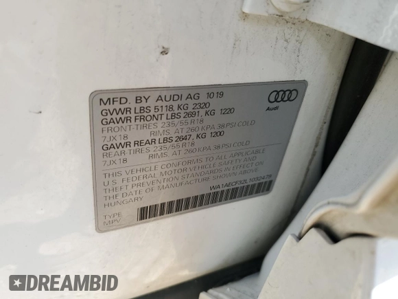 2020 Audi Q3 Premium with VIN WA1AECF32L1032479, listed as a Copart auction lot 63479405 with 94,368 mi miles and Clean title. Bid and sale history available at DreamBid. Image 12.