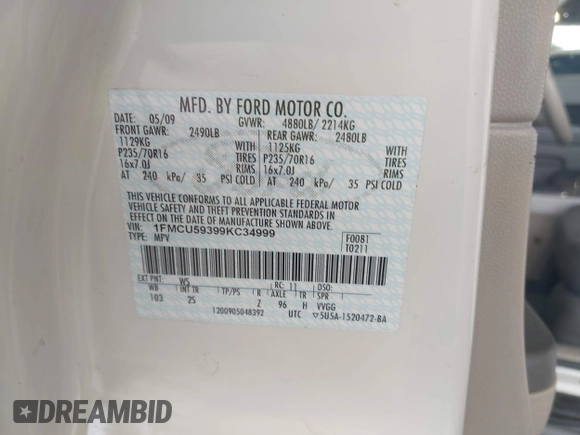 2009 Ford Escape Hybrid with VIN 1FMCU59399KC34999, listed as a IAAI auction lot 42515815 with 201,130 mi miles and . Bid and sale history available at DreamBid. Image 9.
