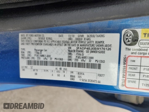 2011 Ford Fiesta SE with VIN 3FADP4BJ0BM176126, listed as a Copart auction lot 54799205 with 110,609 mi miles and Clean Title. Bid and sale history available at DreamBid. Image 12.