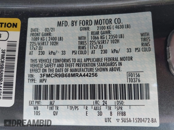 2021 Ford Bronco Sport Big Bend with VIN 3FMCR9B68MRA44256, listed as a IAAI auction lot 42343959 with 47,534 mi miles and . Bid and sale history available at DreamBid. Image 9.