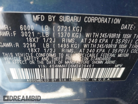 2021 Subaru Ascent Premium with VIN 4S4WMAFD6M3428461, listed as a IAAI auction lot 42450785 with 55,120 mi miles and . Bid and sale history available at DreamBid. Image 9.