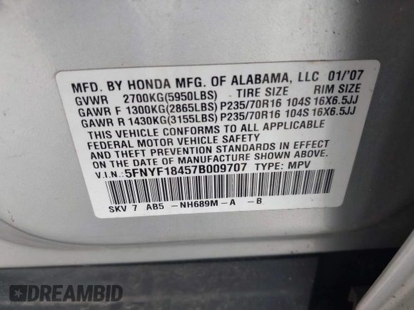 2007 Honda Pilot EX with VIN 5FNYF18457B009707, listed as a IAAI auction lot 42030214 with 229,462 mi miles. Bid and sale history available at carsss.com. Image 9.