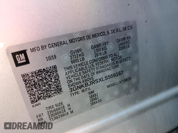 2020 Chevrolet Blazer LT with VIN 3GNKBJRSXLS559167, listed as a Copart auction lot 41518865 with Not provided miles and Salvage title. Bid and sale history available at DreamBid. Image 14.