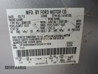 2013 Ford Explorer with VIN 1FM5K8B8XDGA11162, listed as a Copart auction lot 58077625 with Not provided miles and Clean title. Bid and sale history available at DreamBid. Image 12.