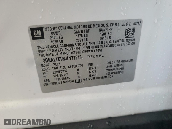 2018 GMC Terrain SLE z VIN 3GKALTEV8JL177213, wystawiony jako Copart lot #55785425 z przebiegiem 178 863 mil mil oraz Nie do naprawy • Non repairable. Historia ofert i sprzedaży dostępna na DreamBid. Obrazek 13.
