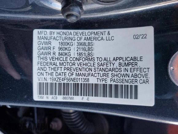 2022 Honda Insight EX with VIN 19XZE4F56NE011358, listed as a Copart auction lot 44727035 with 52,997 mi miles and Salvage Title. Bid and sale history available at carsss.com. Image 16.