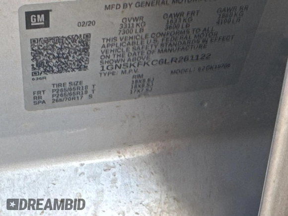 2020 Chevrolet Tahoe Commercial with VIN 1GNSKFKC6LR261122, listed as a Copart auction lot 63870645 with 113,959 mi miles and Clean title. Bid and sale history available at DreamBid. Image 10.