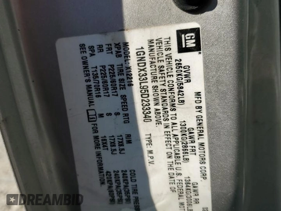 2005 Chevrolet Uplander with VIN 1GNDX33L95D233340, listed as a Copart auction lot 47021685 with Not Provided miles and Non Repairable. Bid and sale history available at DreamBid. Image 13.