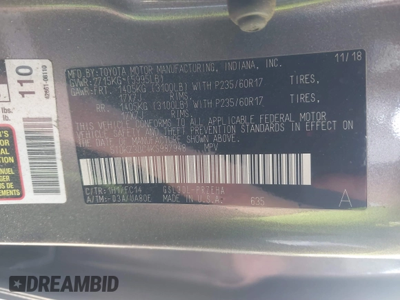 2019 Toyota Sienna LE Auto Access Seat with VIN 5TDKZ3DC4KS987948, listed as a IAAI auction lot 41225296 with 104,189 mi miles and . Bid and sale history available at DreamBid. Image 9.